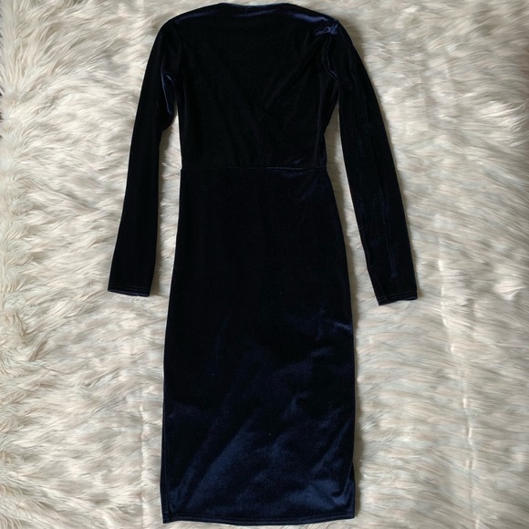 Boohoo Velvet Tie Waist Wrap Midi Dress- Navy - Picture 10 of 14